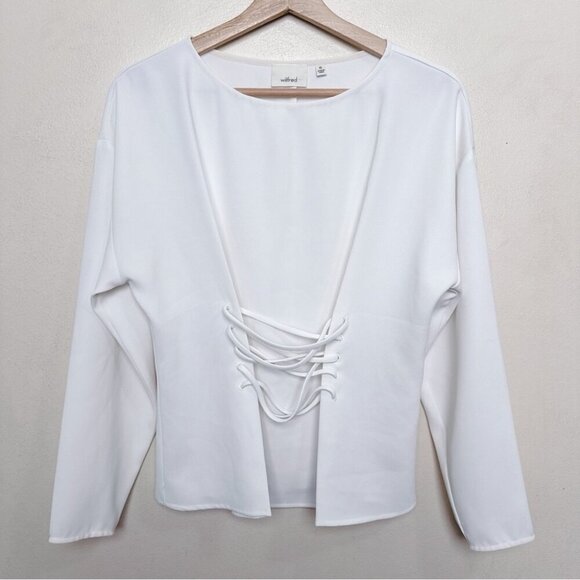 Aritzia Wilfred Womens Xsmall Mabelle Ivory Crepe Lace Up Front Blouse - Picture 2 of 14